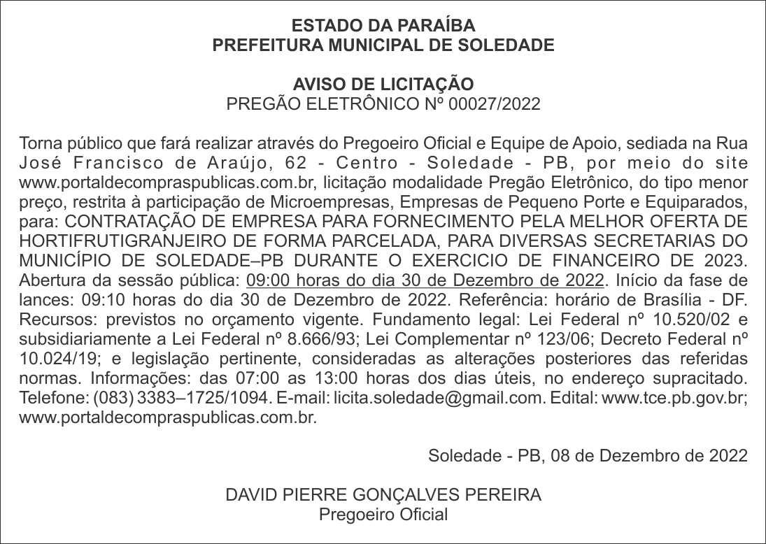PREFEITURA MUNICIPAL DE SOLEDADE – AVISO DE LICITAÇÃO – PREGÃO ELETRÔNICO Nº 00027/2022
