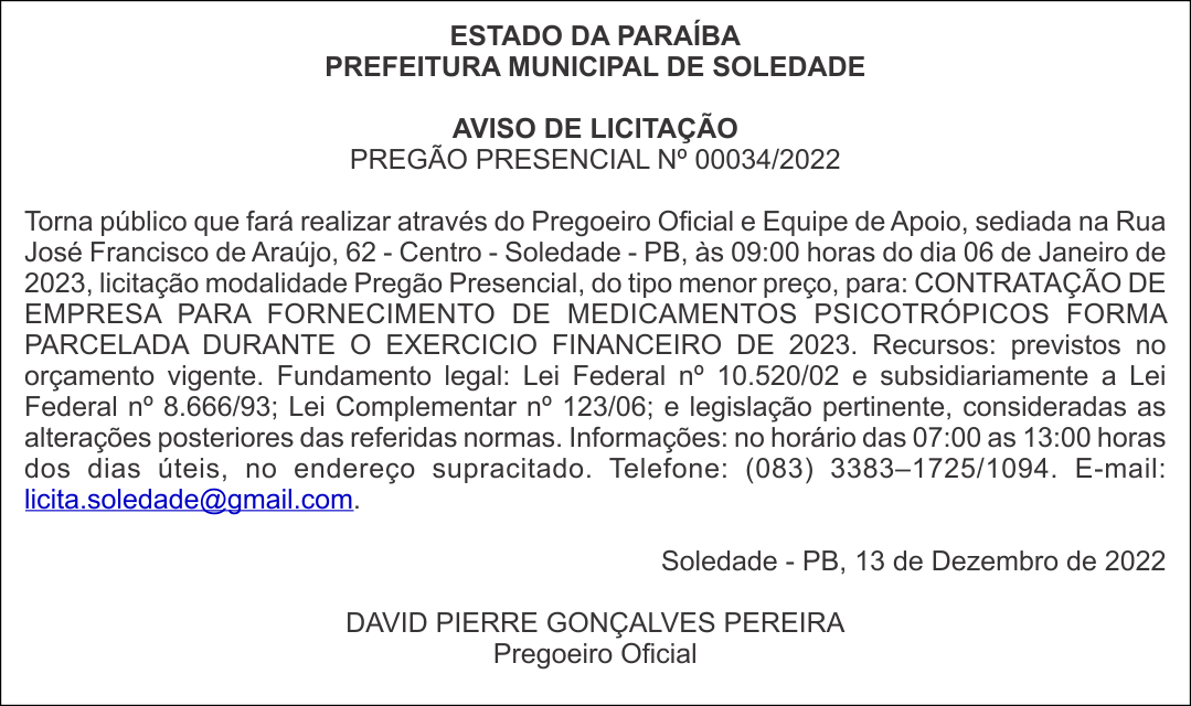 PREFEITURA MUNICIPAL DE SOLEDADE – AVISO DE LICITAÇÃO – PREGÃO PRESENCIAL Nº 00034/2022