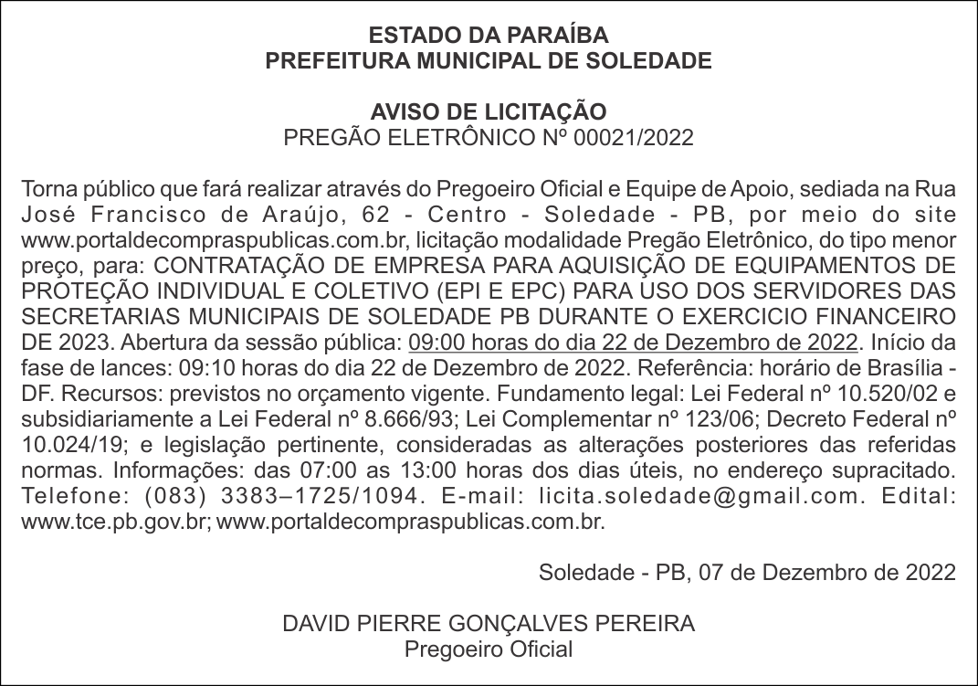 PREFEITURA MUNICIPAL DE SOLEDADE – AVISO DE LICITAÇÃO – PREGÃO ELETRÔNICO Nº 00021/2022