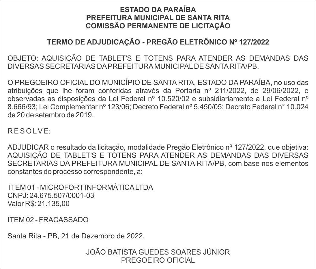 PREFEITURA MUNICIPAL DE SANTA RITA – TERMO DE ADJUDICAÇÃO – PREGÃO ELETRÔNICO Nº 127/2022