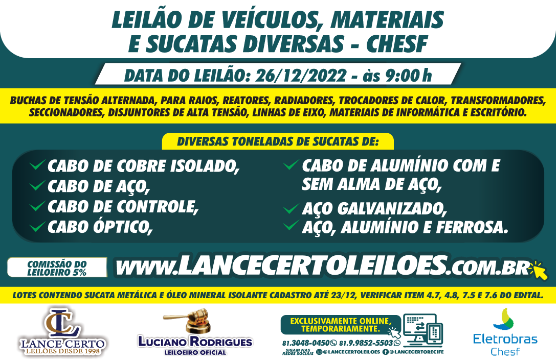 LEILÃO DE VEÍCULOS, MATERIAIS E SUCATAS DIVERSAS – CHESF