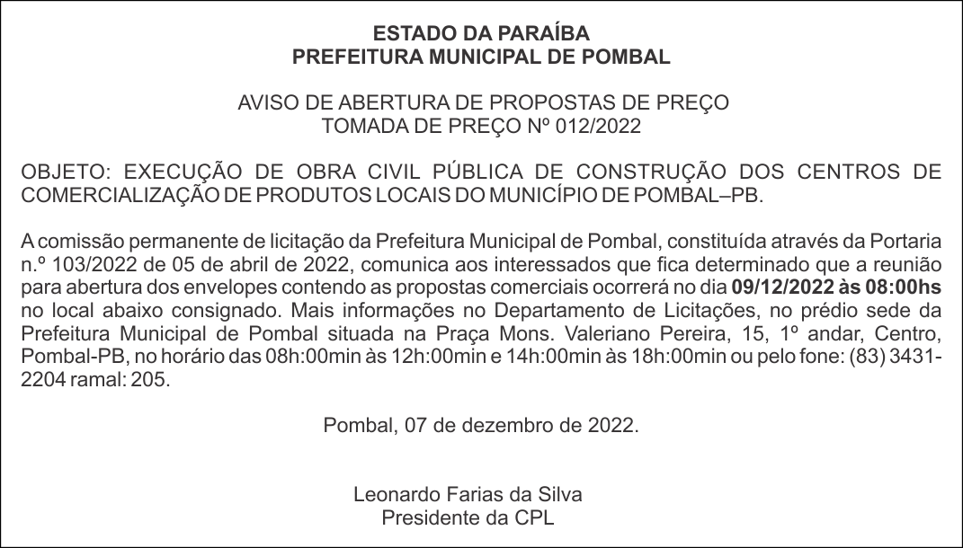 PREFEITURA MUNICIPAL DE POMBAL – AVISO DE ABERTURA DE PROPOSTAS DE PREÇO – TOMADA DE PREÇO Nº 012/2022