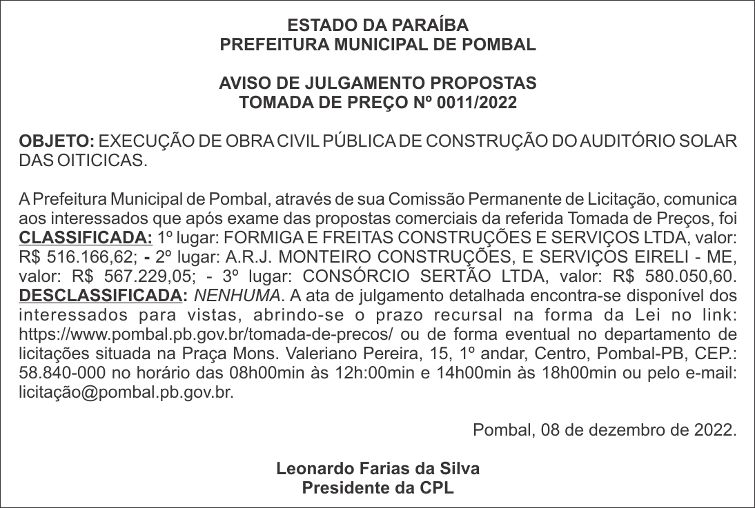 PREFEITURA MUNICIPAL DE POMBAL – AVISO DE JULGAMENTO PROPOSTAS – TOMADA DE PREÇO Nº 0011/2022