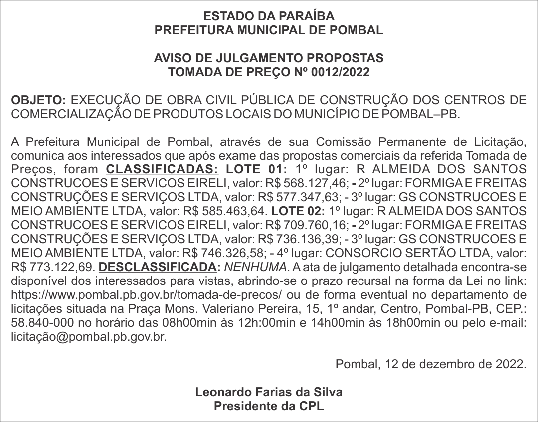 PREFEITURA MUNICIPAL DE POMBAL – AVISO DE JULGAMENTO PROPOSTAS – TOMADA DE PREÇO Nº 0012/2022