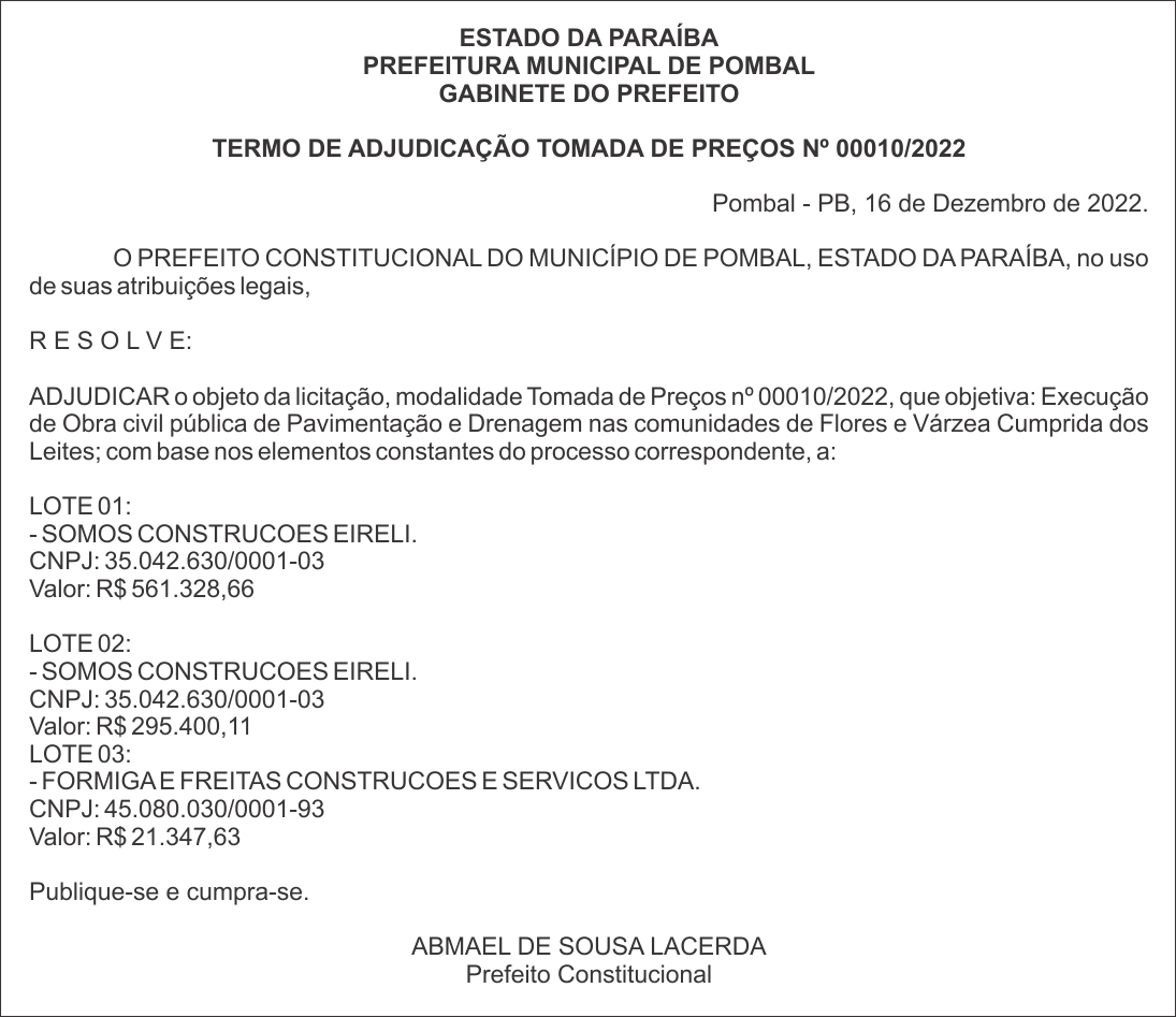 PREFEITURA MUNICIPAL DE POMBAL – TERMO DE ADJUDICAÇÃO TOMADA DE PREÇOS Nº 00010/2022