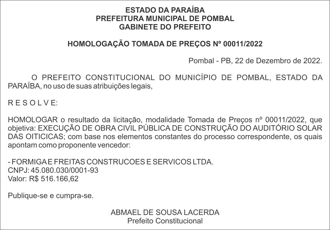 PREFEITURA MUNICIPAL DE POMBAL – HOMOLOGAÇÃO – TOMADA DE PREÇOS Nº 00011/2022