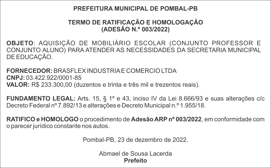 PREFEITURA MUNICIPAL DE POMBAL-PB – TERMO DE RATIFICAÇÃO E HOMOLOGAÇÃO (ADESÃO N.º 003/2022)