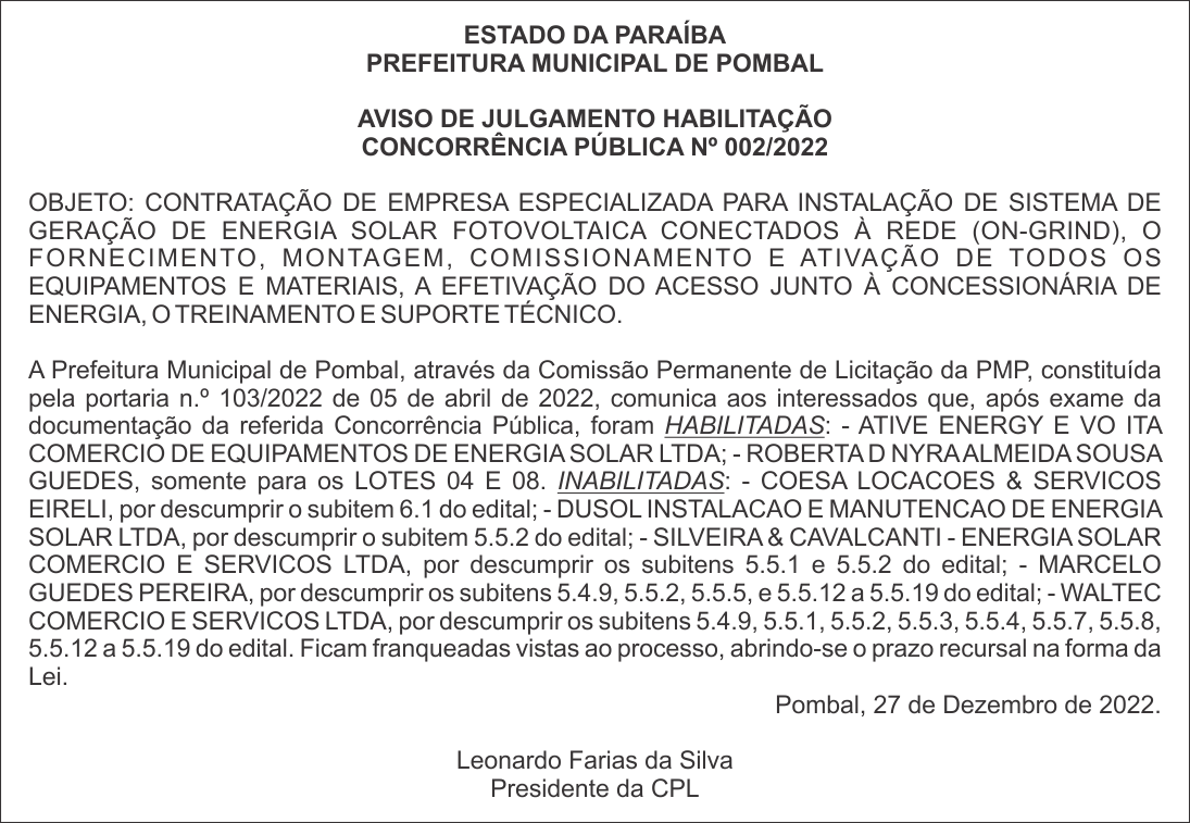 PREFEITURA MUNICIPAL DE POMBAL – AVISO DE JULGAMENTO / HABILITAÇÃO – CONCORRÊNCIA PÚBLICA Nº 002/2022
