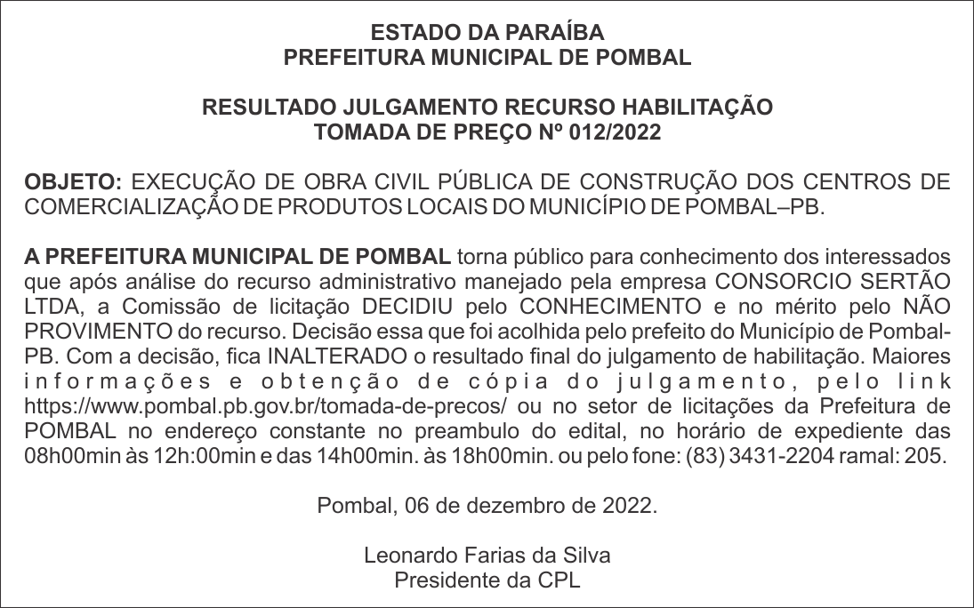 PREFEITURA MUNICIPAL DE POMBAL – RESULTADO JULGAMENTO – RECURSO HABILITAÇÃO – TOMADA DE PREÇO Nº 012/2022