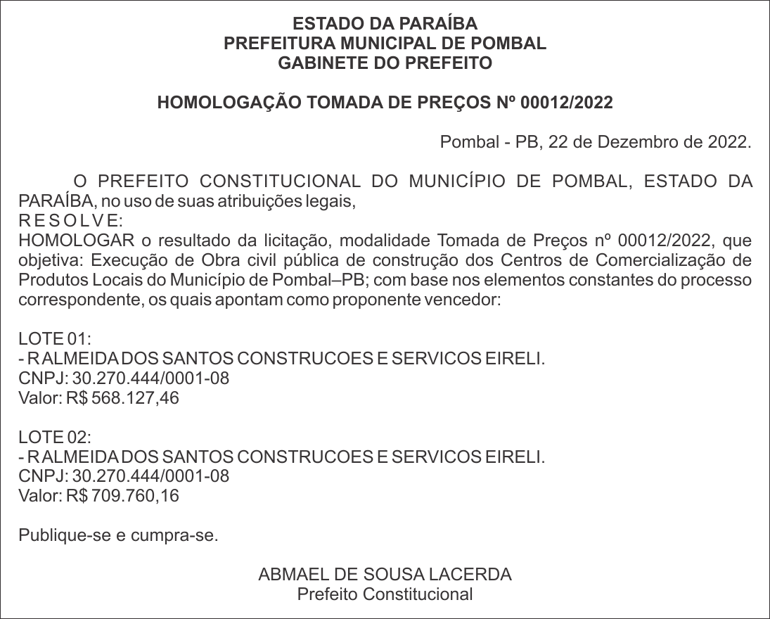 PREFEITURA MUNICIPAL DE POMBAL – HOMOLOGAÇÃO – TOMADA DE PREÇOS Nº 00012/2022