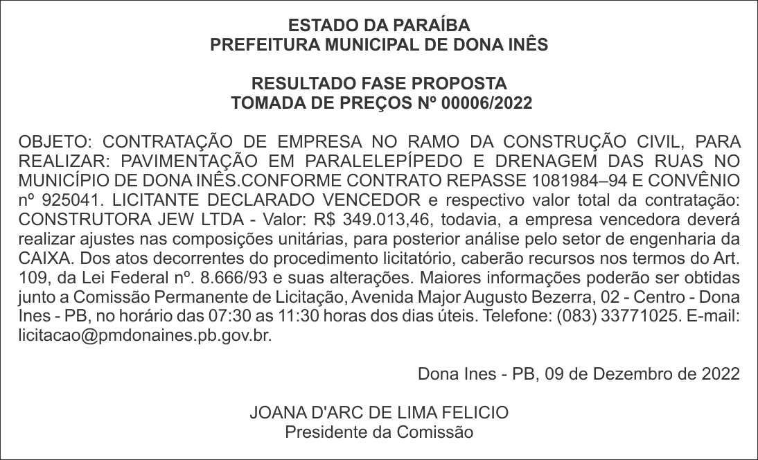 PREFEITURA MUNICIPAL DE DONA INÊS – RESULTADO FASE PROPOSTA – TOMADA DE PREÇOS Nº 00006/2022