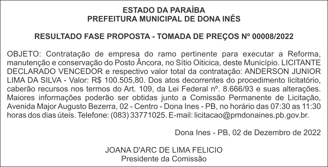 PREFEITURA MUNICIPAL DE DONA INÊS – RESULTADO FASE PROPOSTA – TOMADA DE PREÇOS Nº 00008/2022