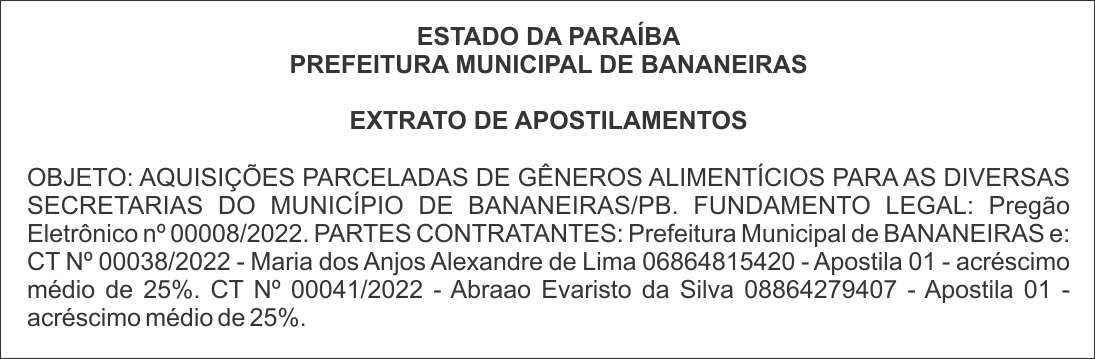 ESTADO DA PARAÍBA – PREFEITURA MUNICIPAL DE BANANEIRAS – EXTRATO DE APOSTILAMENTOS