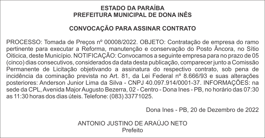 PREFEITURA MUNICIPAL DE DONA INÊS – CONVOCAÇÃO PARA ASSINAR CONTRATO