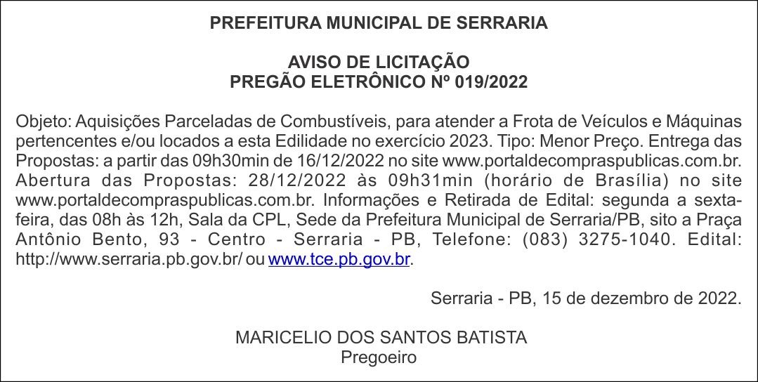 PREFEITURA MUNICIPAL DE SERRARIA – AVISO DE LICITAÇÃO – PREGÃO ELETRÔNICO Nº 019/2022