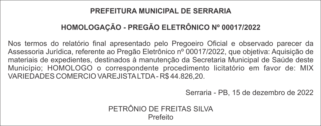 PREFEITURA MUNICIPAL DE SERRARIA – HOMOLOGAÇÃO – PREGÃO ELETRÔNICO Nº 00017/2022