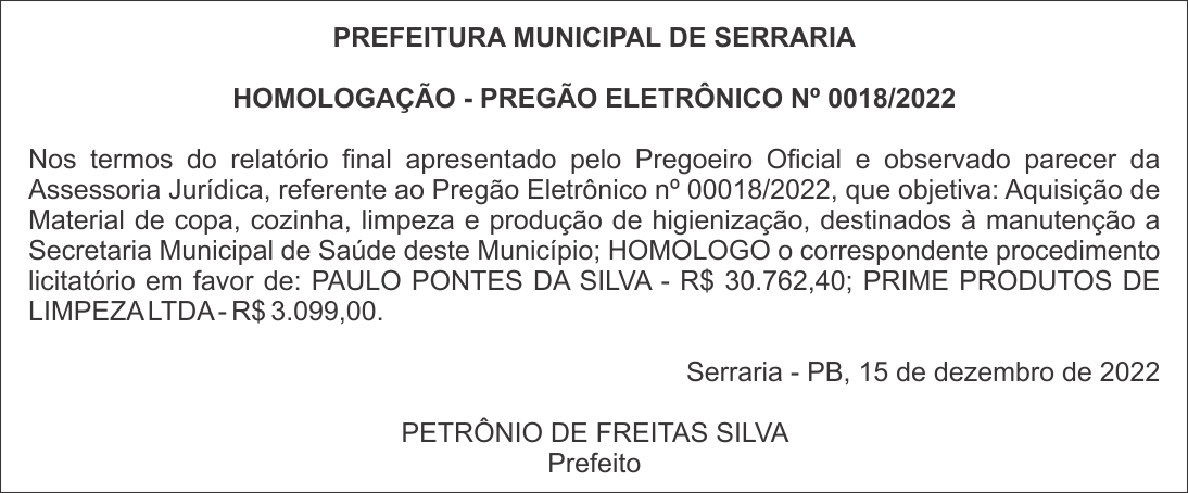 PREFEITURA MUNICIPAL DE SERRARIA   HOMOLOGAÇÃO – PREGÃO ELETRÔNICO Nº 0018/2022