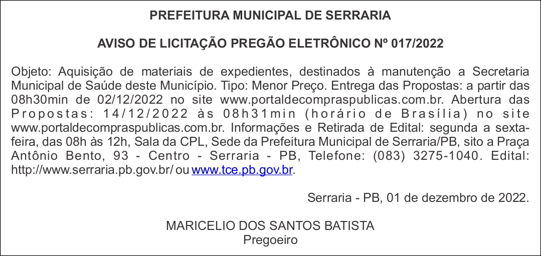 PREFEITURA MUNICIPAL DE SERRARIA – AVISO DE LICITAÇÃO – PREGÃO ELETRÔNICO Nº 017/2022