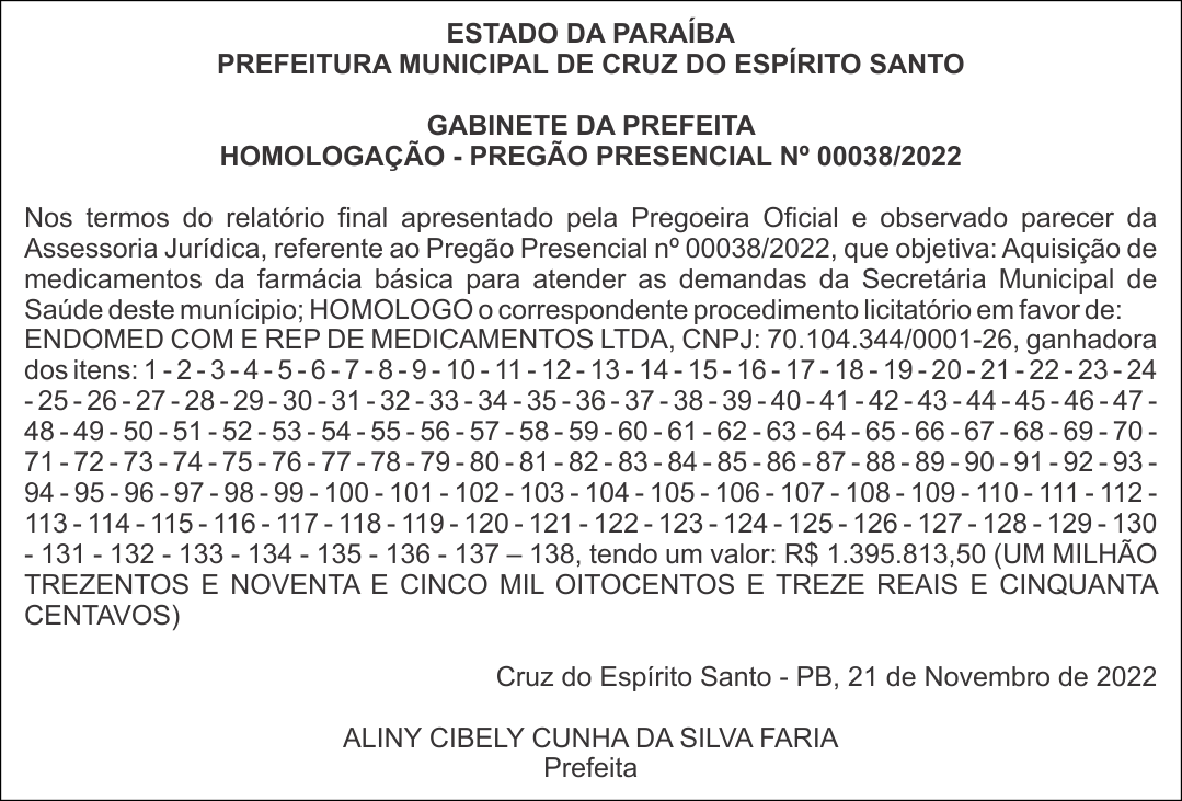 PREFEITURA MUNICIPAL DE CRUZ DO ESPÍRITO SANTO – HOMOLOGAÇÃO – PREGÃO PRESENCIAL Nº 00038/2022
