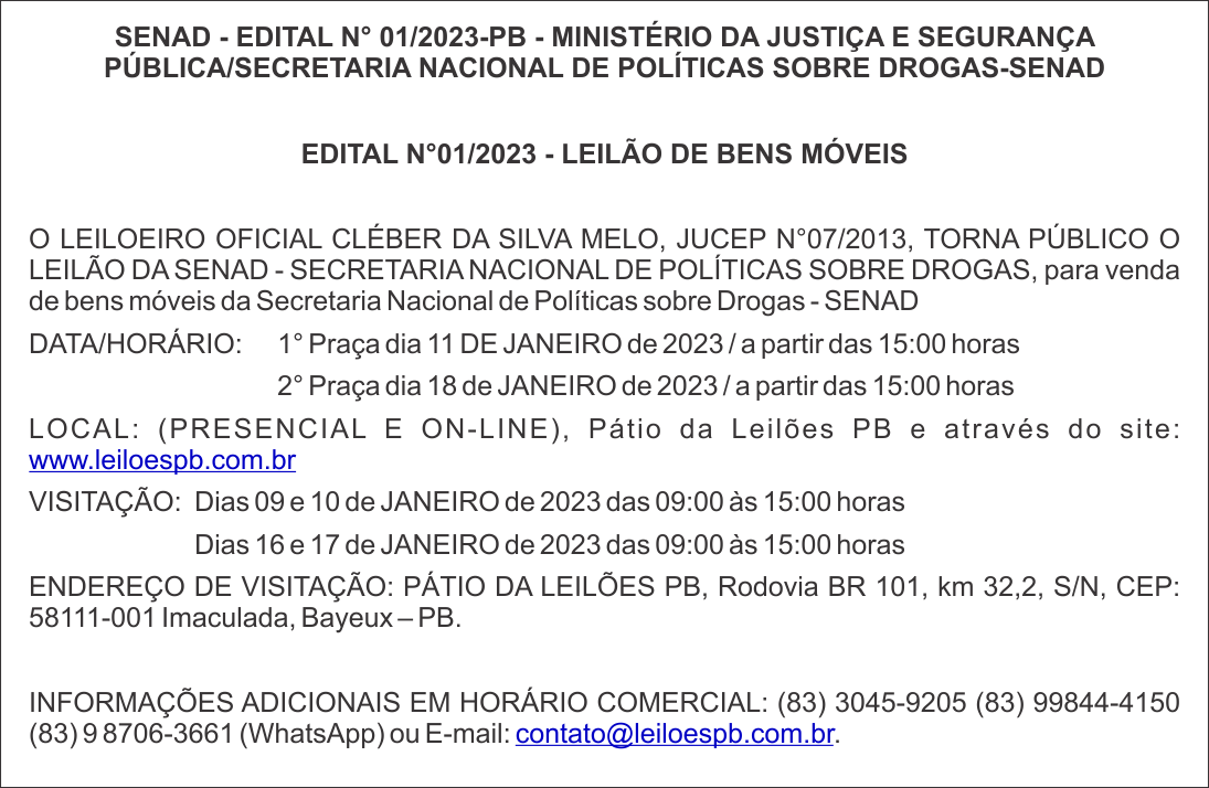 MINISTÉRIO DA JUSTIÇA E SEGURANÇA PÚBLICA/SECRETARIA NACIONAL DE POLÍTICAS SOBRE DROGAS-SENAD – EDITAL N°01/2023 – LEILÃO DE BENS MÓVEIS