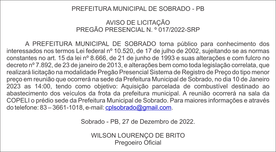 PREFEITURA MUNICIPAL DE SOBRADO – PB – AVISO DE LICITAÇÃO – PREGÃO PRESENCIAL N. º 017/2022-SRP