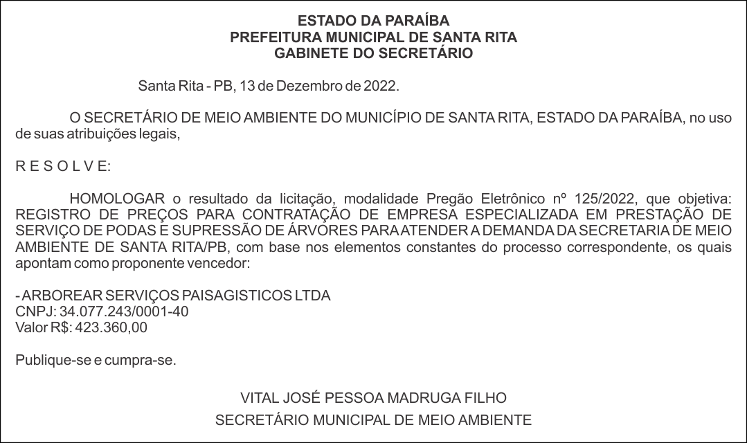 PREFEITURA MUNICIPAL DE SANTA RITA – HOMOLOGAÇÃO – Pregão Eletrônico nº 125/2022