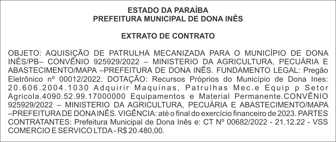 PREFEITURA MUNICIPAL DE DONA INÊS – EXTRATO DE CONTRATO