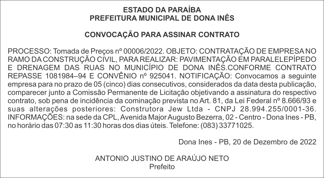 PREFEITURA MUNICIPAL DE DONA INÊS – CONVOCAÇÃO PARA ASSINAR CONTRATO