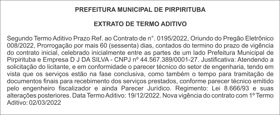 PREFEITURA MUNICIPAL DE PIRPIRITUBA – EXTRATO DE TERMO ADITIVO