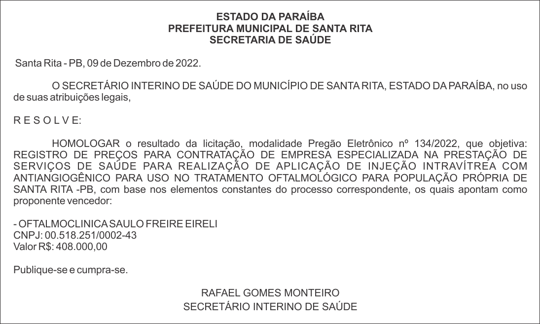 PREFEITURA MUNICIPAL DE SANTA RITA – HOMOLOGAÇÃO – PREGÃO ELETRÔNICO Nº 134/2022