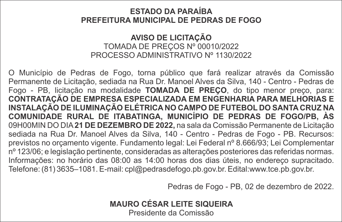 PREFEITURA MUNICIPAL DE PEDRAS DE FOGO – AVISO DE LICITAÇÃO – TOMADA DE PREÇOS Nº 00010/2022