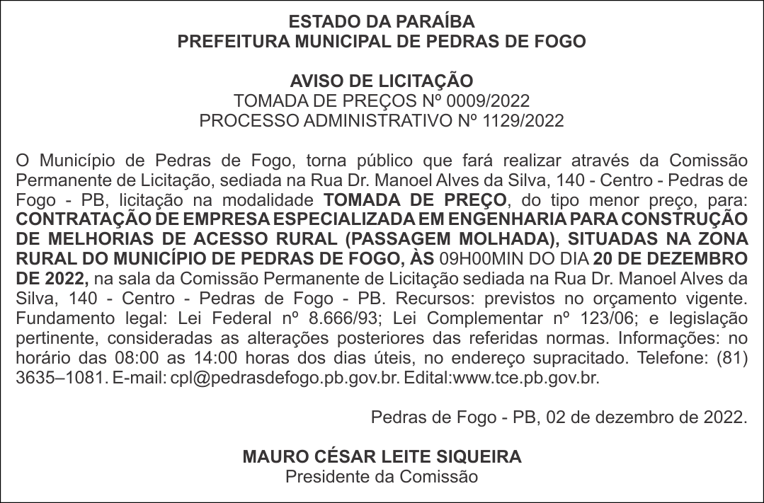 PREFEITURA MUNICIPAL DE PEDRAS DE FOGO – AVISO DE LICITAÇÃO – TOMADA DE PREÇOS Nº 0009/2022