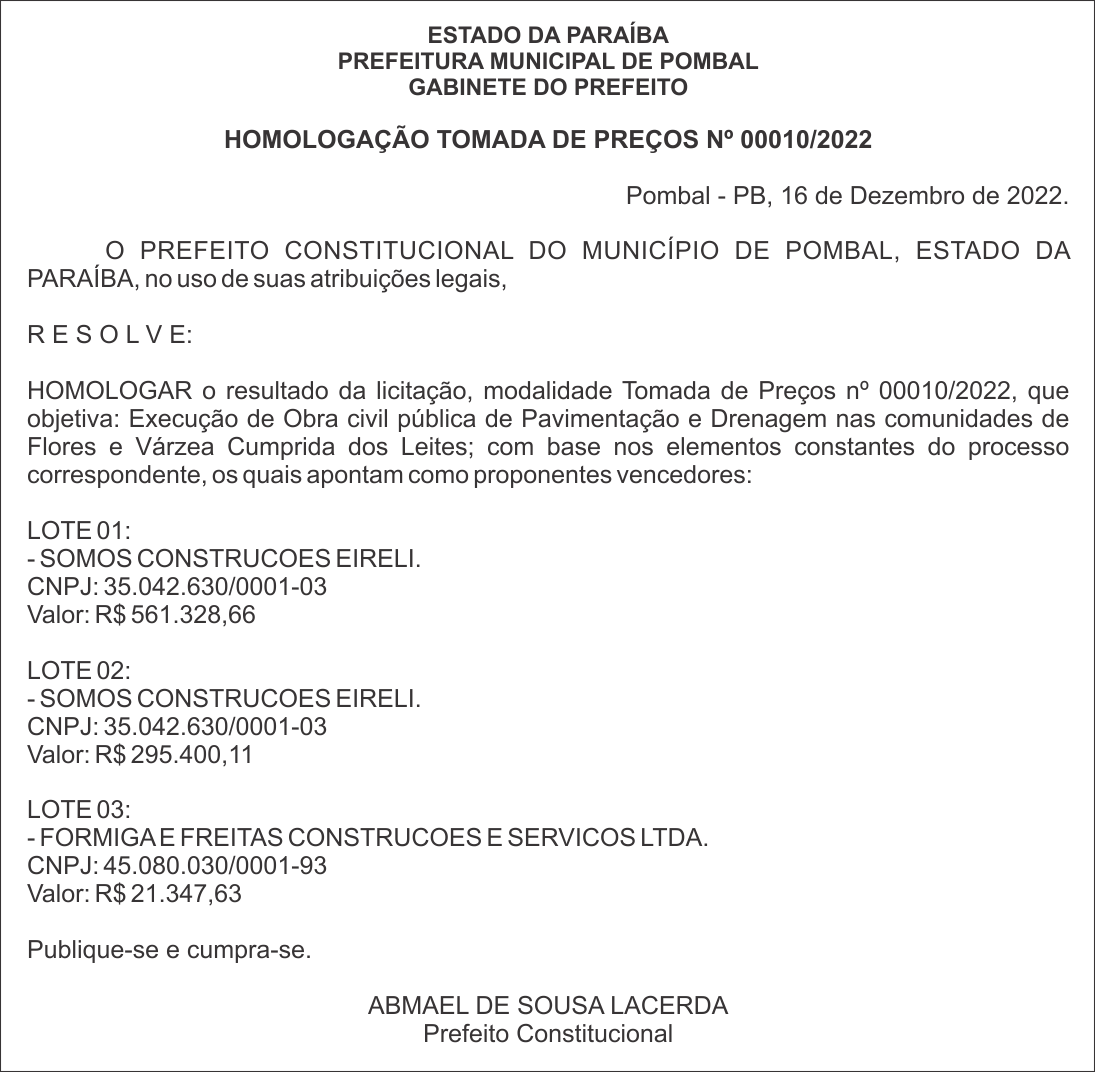 PREFEITURA MUNICIPAL DE POMBAL – HOMOLOGAÇÃO – TOMADA DE PREÇOS Nº 00010/2022