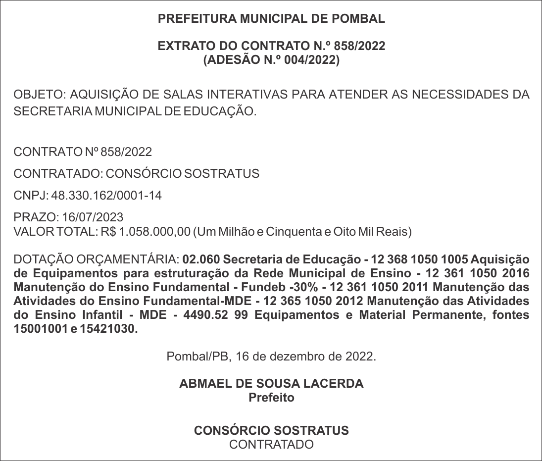 PREFEITURA MUNICIPAL DE POMBAL – EXTRATO DO CONTRATO N.º 858/2022 – ADESÃO N.º 004/2022