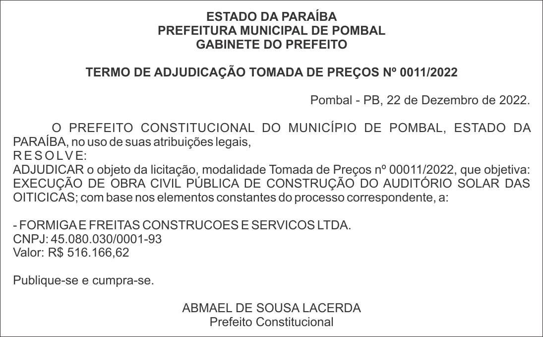 PREFEITURA MUNICIPAL DE POMBAL – TERMO DE ADJUDICAÇÃO – TOMADA DE PREÇOS Nº 0011/2022