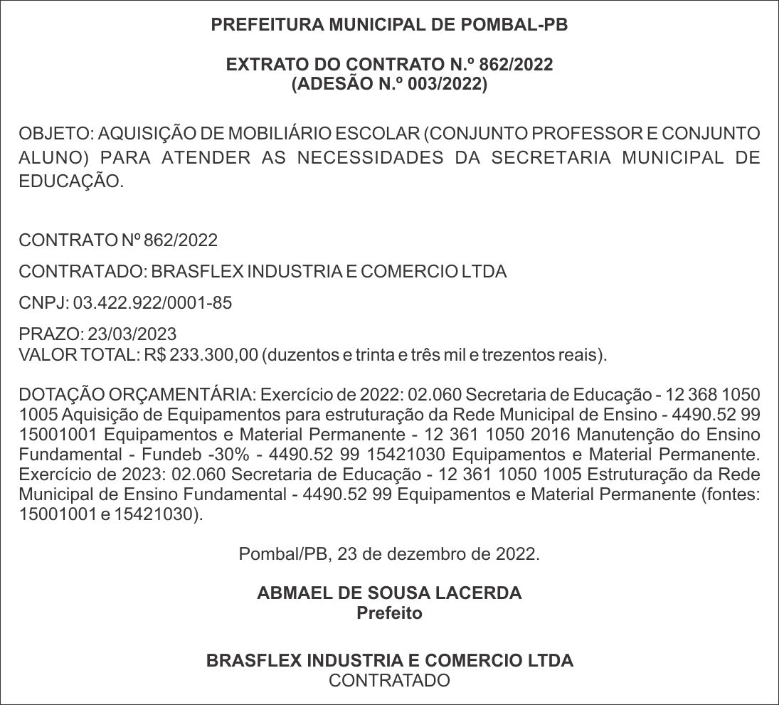 PREFEITURA MUNICIPAL DE POMBAL-PB – EXTRATO DO CONTRATO N.º 862/2022 (ADESÃO N.º 003/2022)