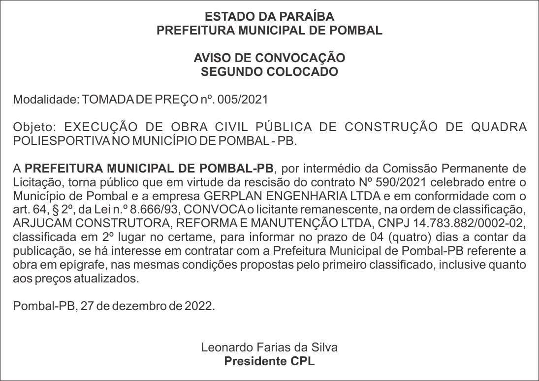 PREFEITURA MUNICIPAL DE POMBAL – AVISO DE CONVOCAÇÃO – SEGUNDO COLOCADO – TOMADA DE PREÇO nº. 005/2021