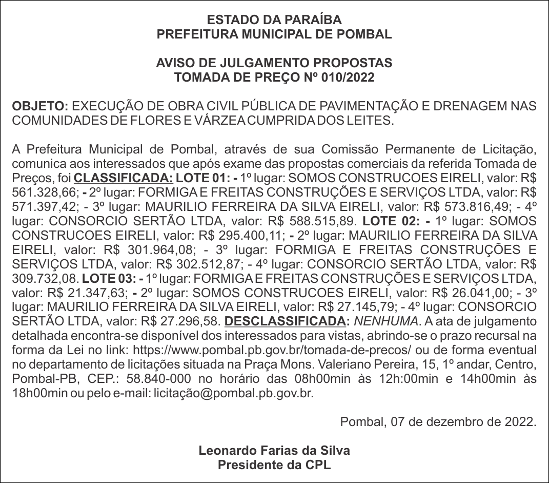 PREFEITURA MUNICIPAL DE POMBAL – AVISO DE JULGAMENTO PROPOSTAS – TOMADA DE PREÇO Nº 010/2022