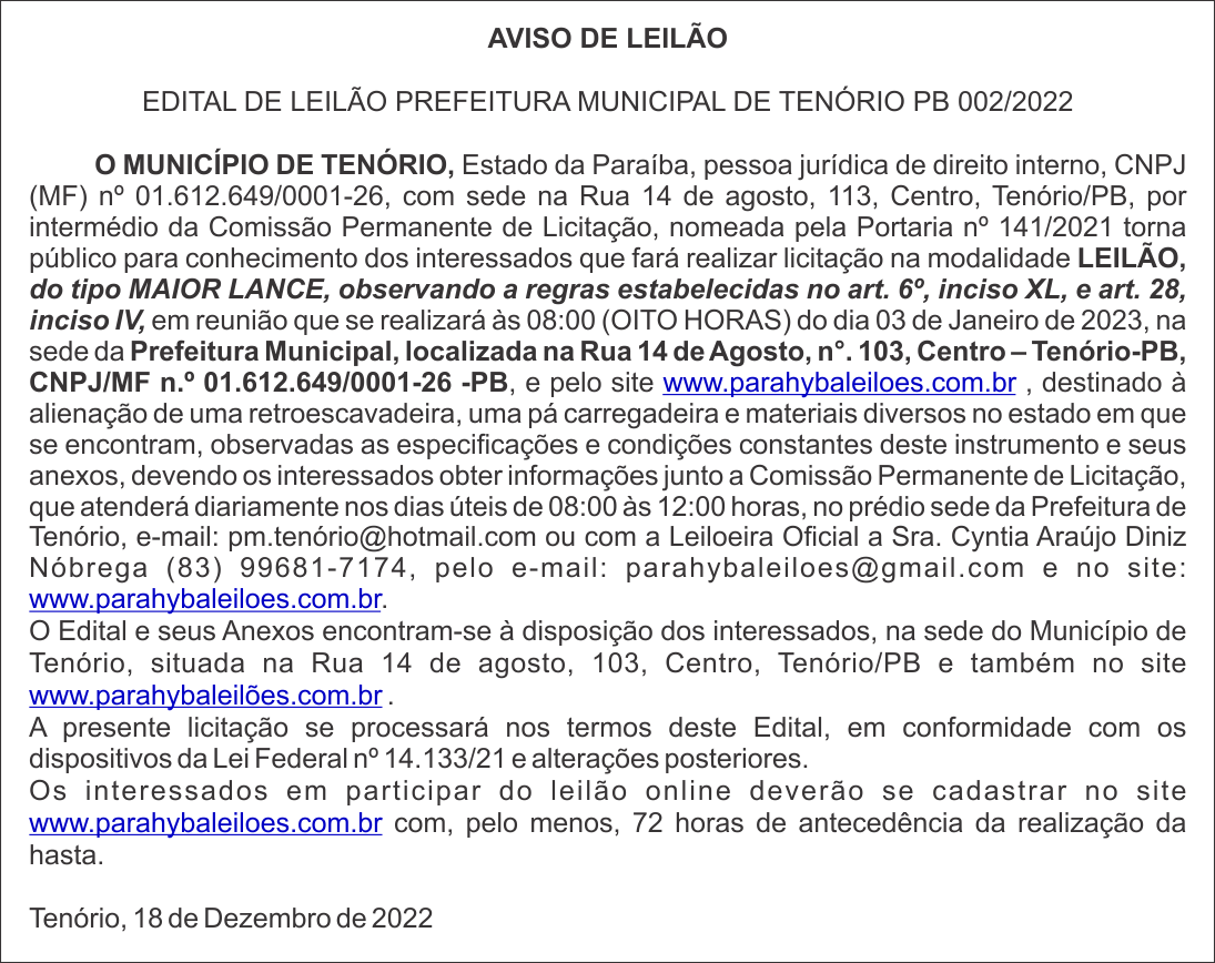 AVISO DE LEILÃO – EDITAL DE LEILÃO PREFEITURA MUNICIPAL DE TENÓRIO PB 002/2022