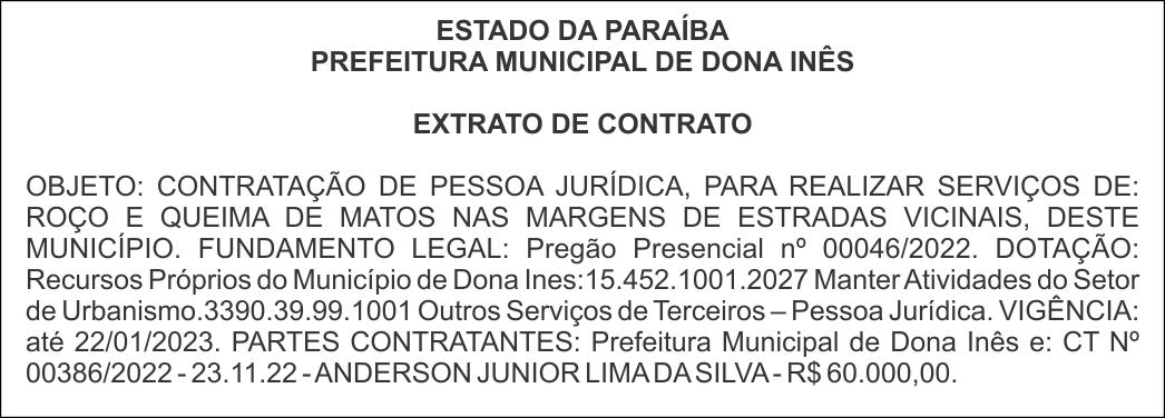 PREFEITURA MUNICIPAL DE DONA INÊS – EXTRATO DE CONTRATO