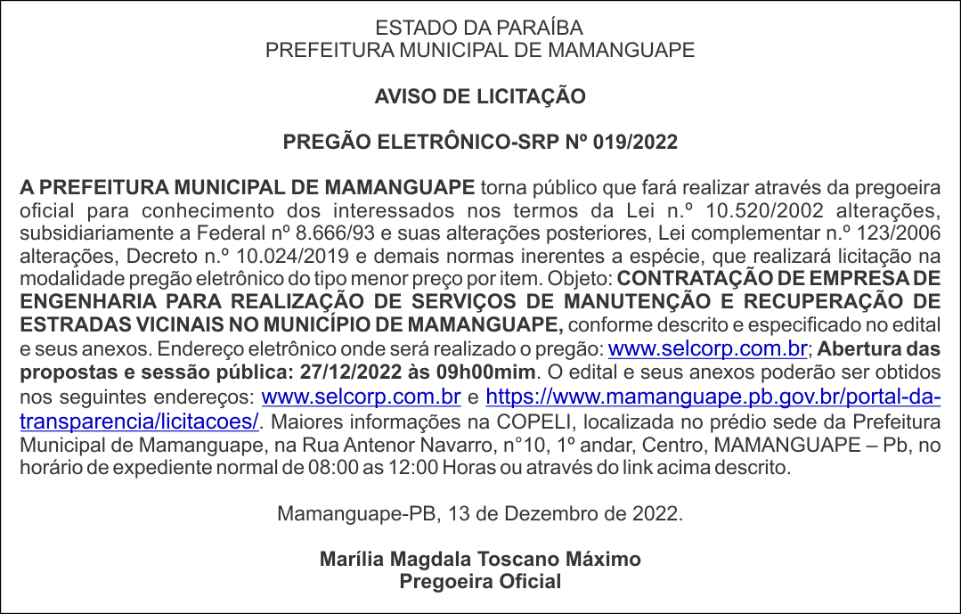 PREFEITURA MUNICIPAL DE MAMANGUAPE – AVISO DE LICITAÇÃO – PREGÃO ELETRÔNICO-SRP Nº 019/2022