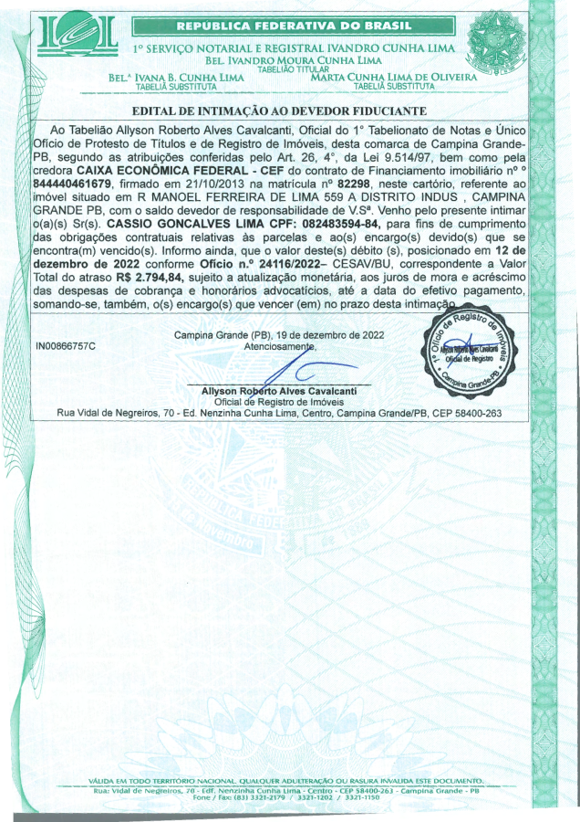 EDITAL DE INTIMAÇÃO AO DEVEDOR FIDUCIANTE