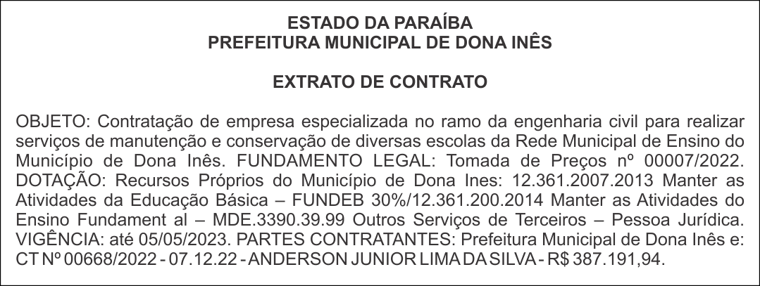 PREFEITURA MUNICIPAL DE DONA INÊS – EXTRATO DE CONTRATO