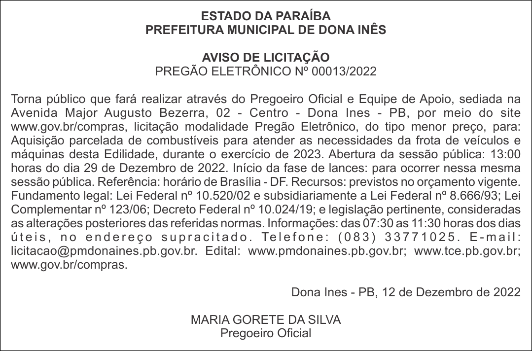 PREFEITURA MUNICIPAL DE DONA INÊS – AVISO DE LICITAÇÃO – PREGÃO ELETRÔNICO Nº 00013/2022