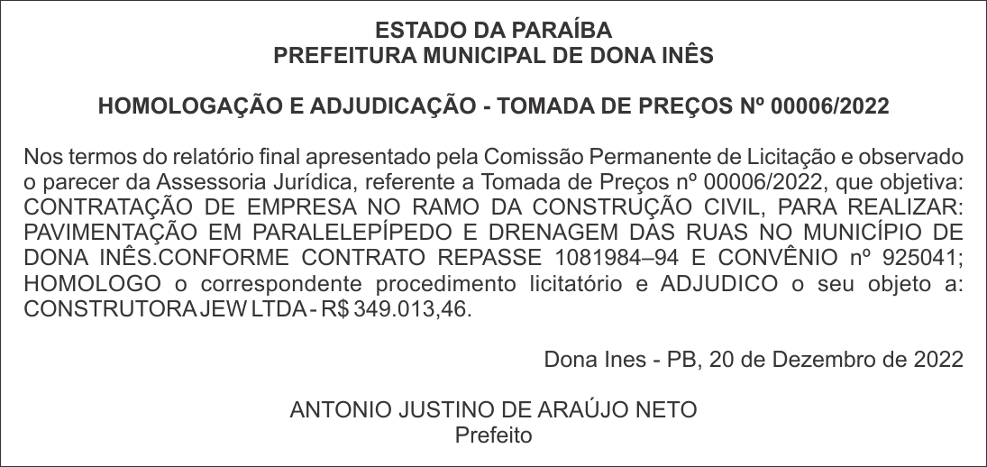 PREFEITURA MUNICIPAL DE DONA INÊS – HOMOLOGAÇÃO E ADJUDICAÇÃO – TOMADA DE PREÇOS Nº 00006/2022