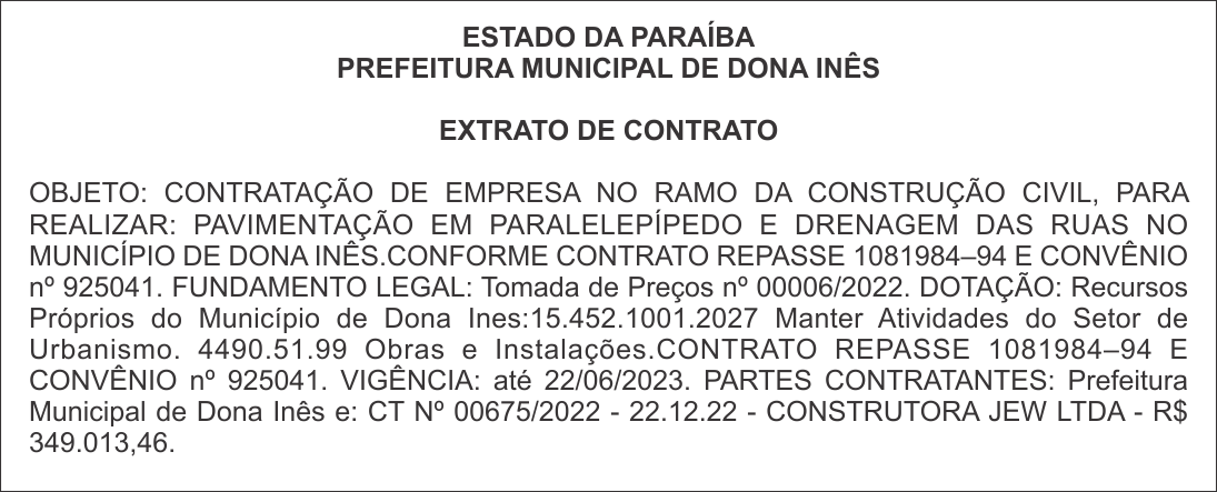 PREFEITURA MUNICIPAL DE DONA INÊS – EXTRATO DE CONTRATO