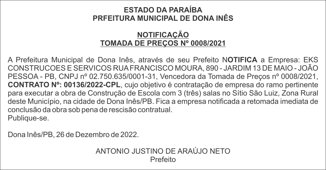 PRFEITURA MUNICIPAL DE DONA INÊS – NOTIFICAÇÃO – TOMADA DE PREÇOS Nº 0008/2021