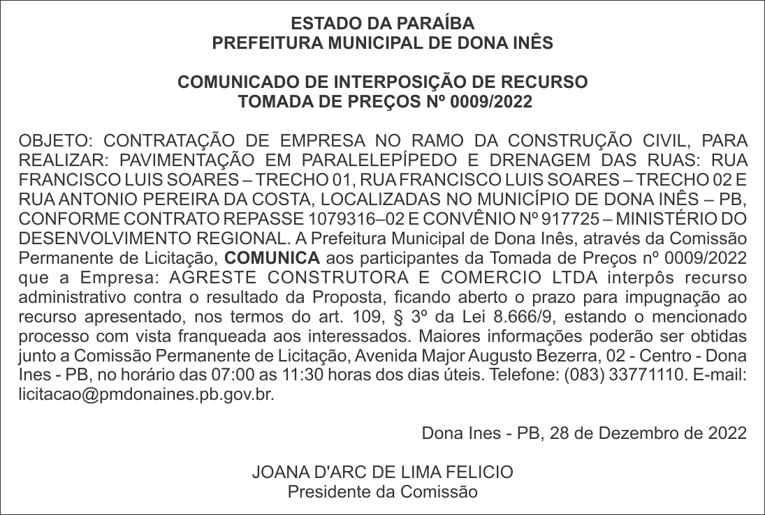 PREFEITURA MUNICIPAL DE DONA INÊS – COMUNICADO DE INTERPOSIÇÃO DE RECURSO – TOMADA DE PREÇOS Nº 0009/2022