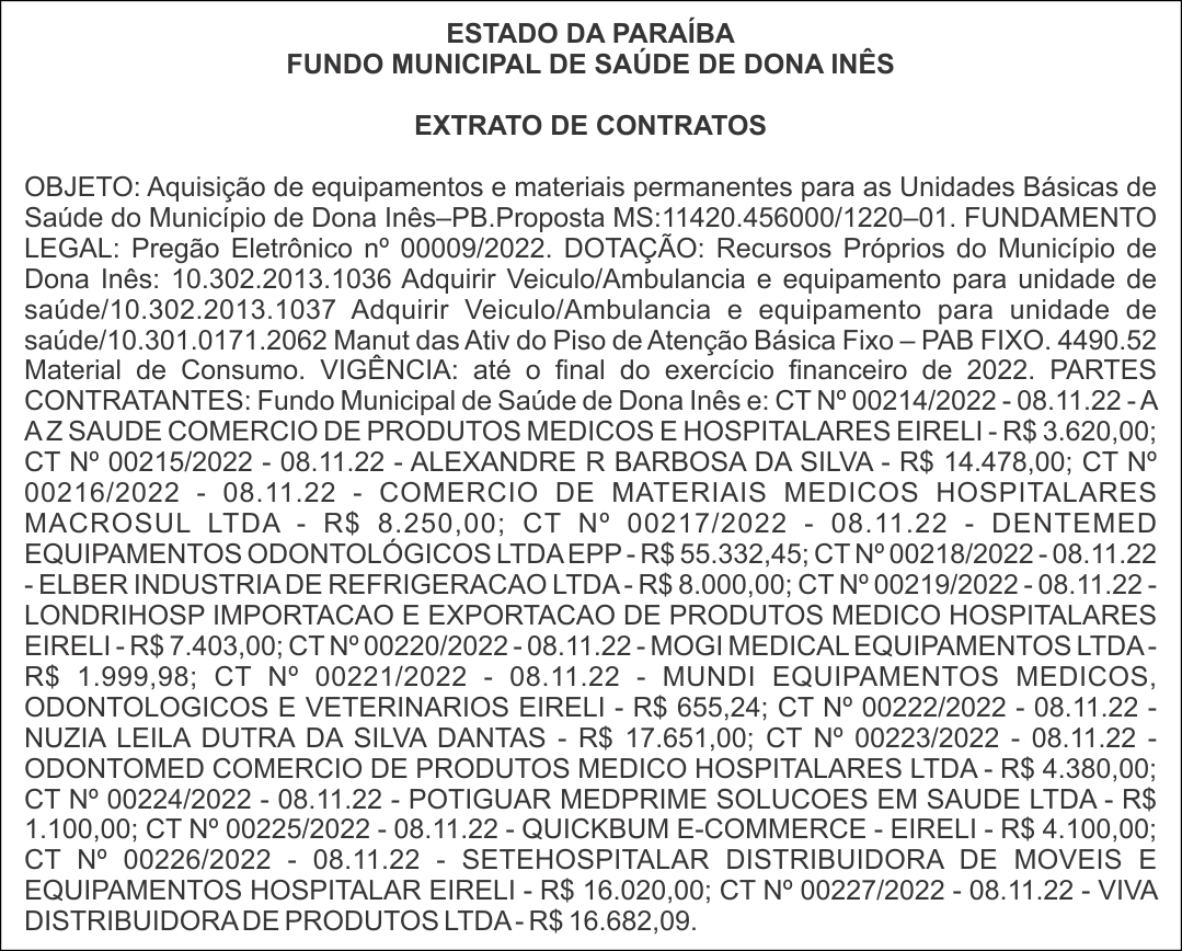 FUNDO MUNICIPAL DE SAÚDE DE DONA INÊS – EXTRATO DE CONTRATOS