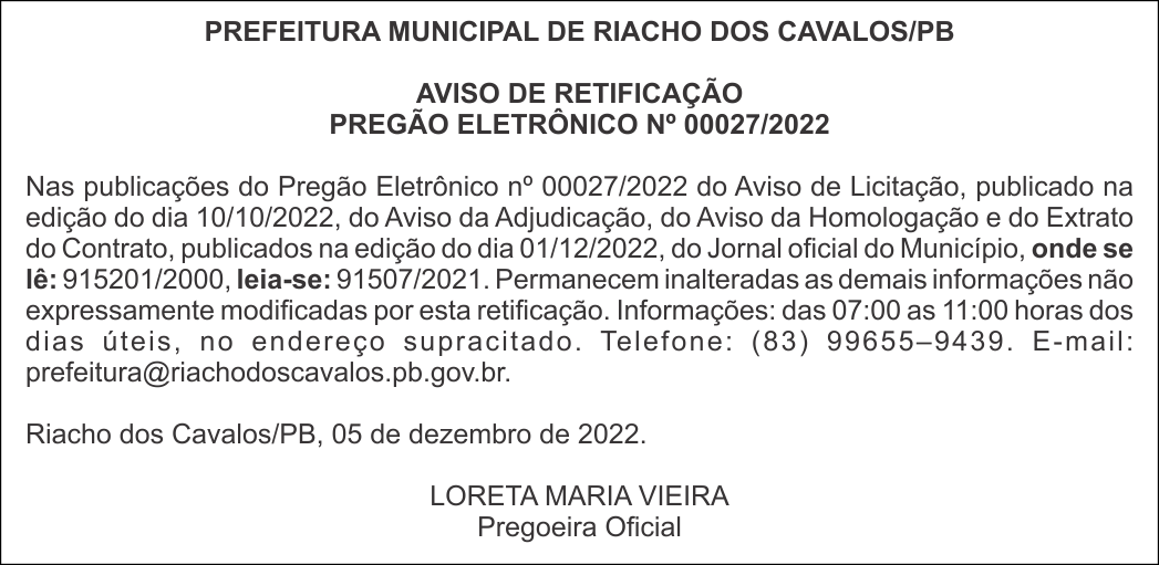 PREFEITURA MUNICIPAL DE RIACHO DOS CAVALOS/PB – AVISO DE RETIFICAÇÃO – PREGÃO ELETRÔNICO Nº 00027/2022